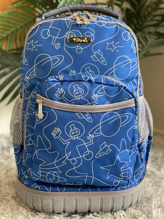 Blue space backpack with wheels for kids